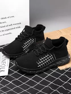 Knit Plaid Pattern Breathable Lightweight Sport Shoes