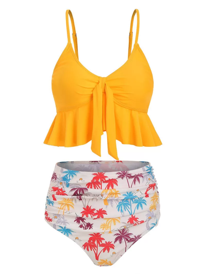Knot Coconut Palm Ruched Hawaii Tankini Swimsuit