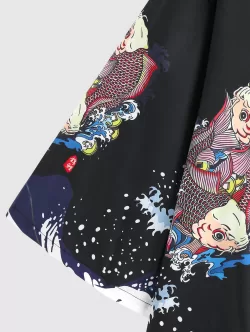 Koi Fish Ocean Waves Print Kimono Cardigan