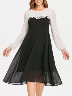 Lace Insert Chiffon Midi Flare Dress