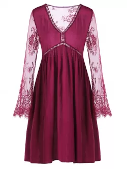 Lace Panel Flare Dress With Sleeves