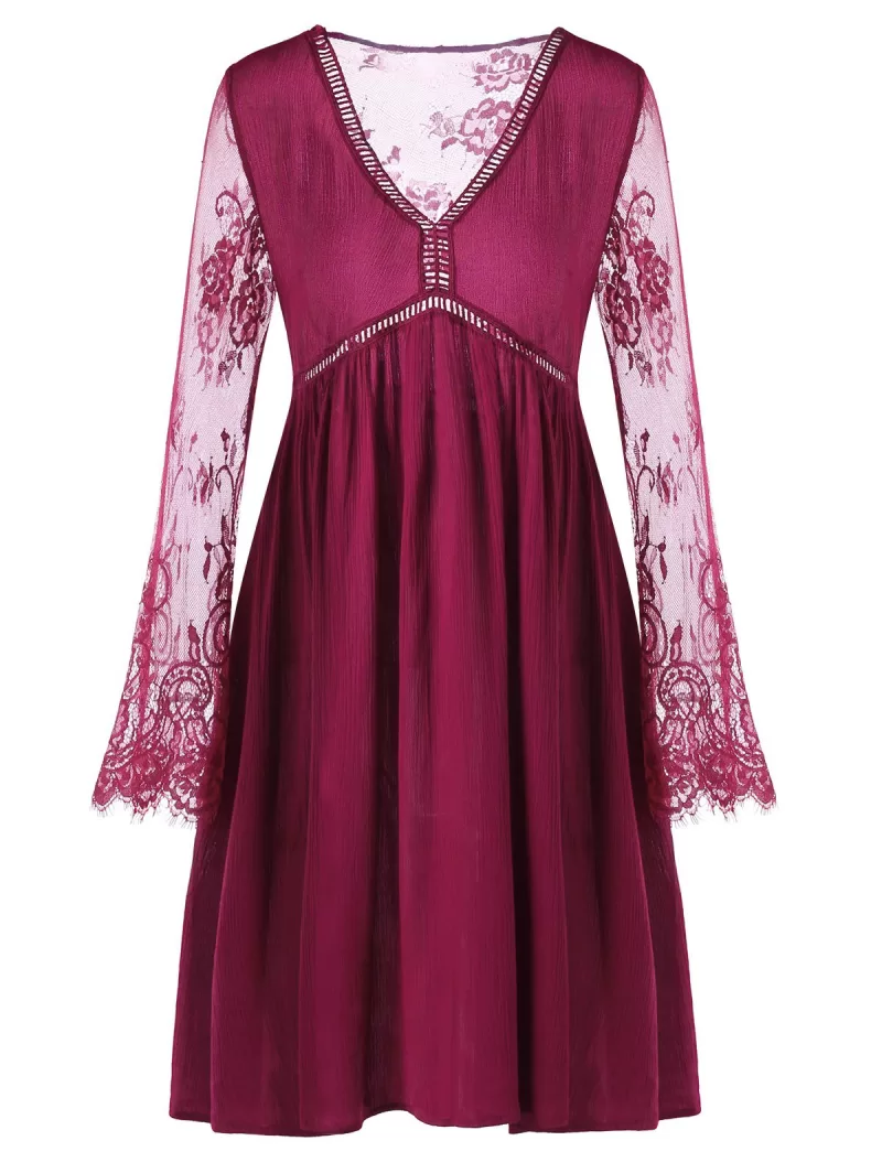 Lace Panel Flare Dress With Sleeves