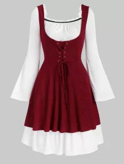 Lace Up Knitted Top And Bell Sleeve Flounced Dress Set