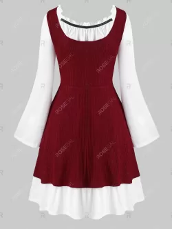 Lace Up Knitted Top And Bell Sleeve Flounced Dress Set