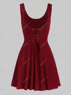 Lace Up Knitted Top And Bell Sleeve Flounced Dress Set