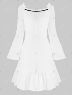 Lace Up Knitted Top And Bell Sleeve Flounced Dress Set