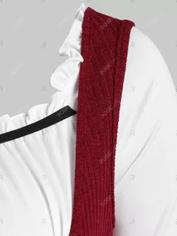 Lace Up Knitted Top And Bell Sleeve Flounced Dress Set