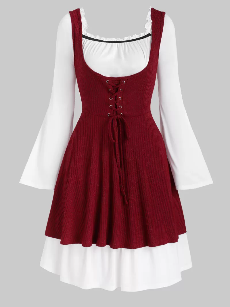 Lace Up Knitted Top And Bell Sleeve Flounced Dress Set
