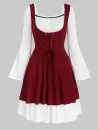 Lace Up Knitted Top And Bell Sleeve Flounced Dress Set
