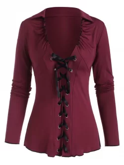 Lace-up Plunging Lettuce Long Sleeve Tee