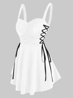 Lace Up Ruched Solid Tunic Tank Top