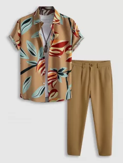 Leaves Print Hawaii Style Shirt With Tapered Pants Two Piece Set