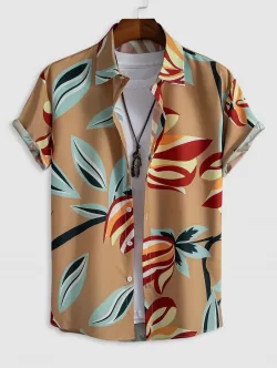 Leaves Print Hawaii Style Shirt With Tapered Pants Two Piece Set