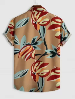 Leaves Print Hawaii Style Shirt With Tapered Pants Two Piece Set
