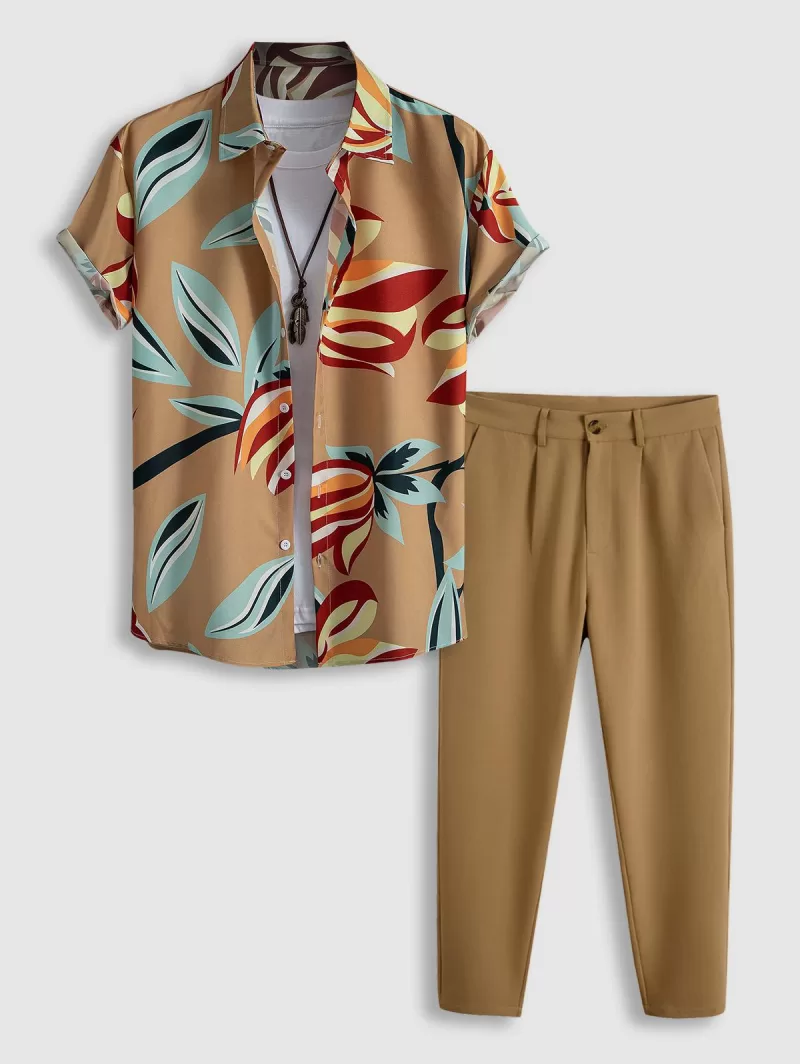 Leaves Print Hawaii Style Shirt With Tapered Pants Two Piece Set