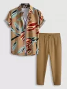 Leaves Print Hawaii Style Shirt With Tapered Pants Two Piece Set
