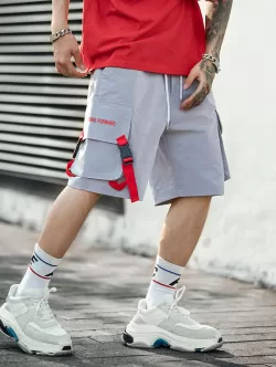 Letter Print Bucket Strap Design Cargo Shorts