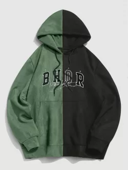 Letters Embroidered Two Tone Suede Hoodie