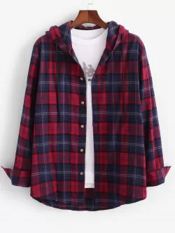 Long Sleeve Plaid Hooded Shirt Jacket
