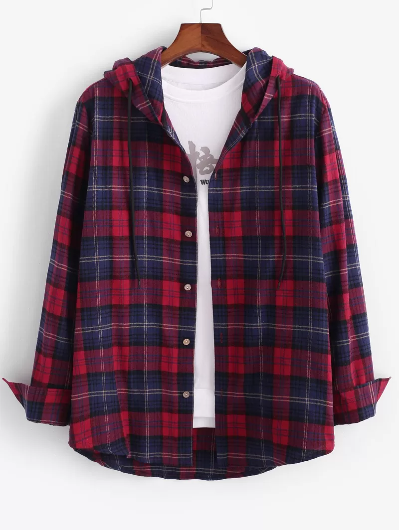 Long Sleeve Plaid Hooded Shirt Jacket