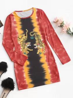 Long Sleeve Tiger Tie Dye Mini Dress
