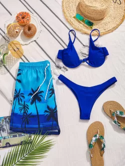 Matching Couple Swimwear V Wired Bikini And Coconut Palm Hawaiian Beach Shorts