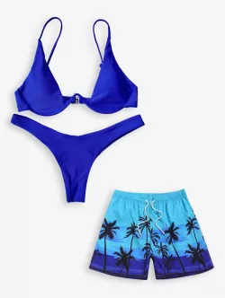 Matching Couple Swimwear V Wired Bikini And Coconut Palm Hawaiian Beach Shorts
