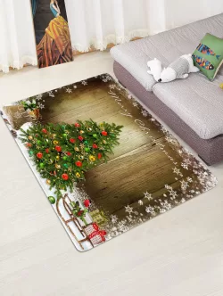 Merry Christmas Tree Wooden Pattern Floor Rug