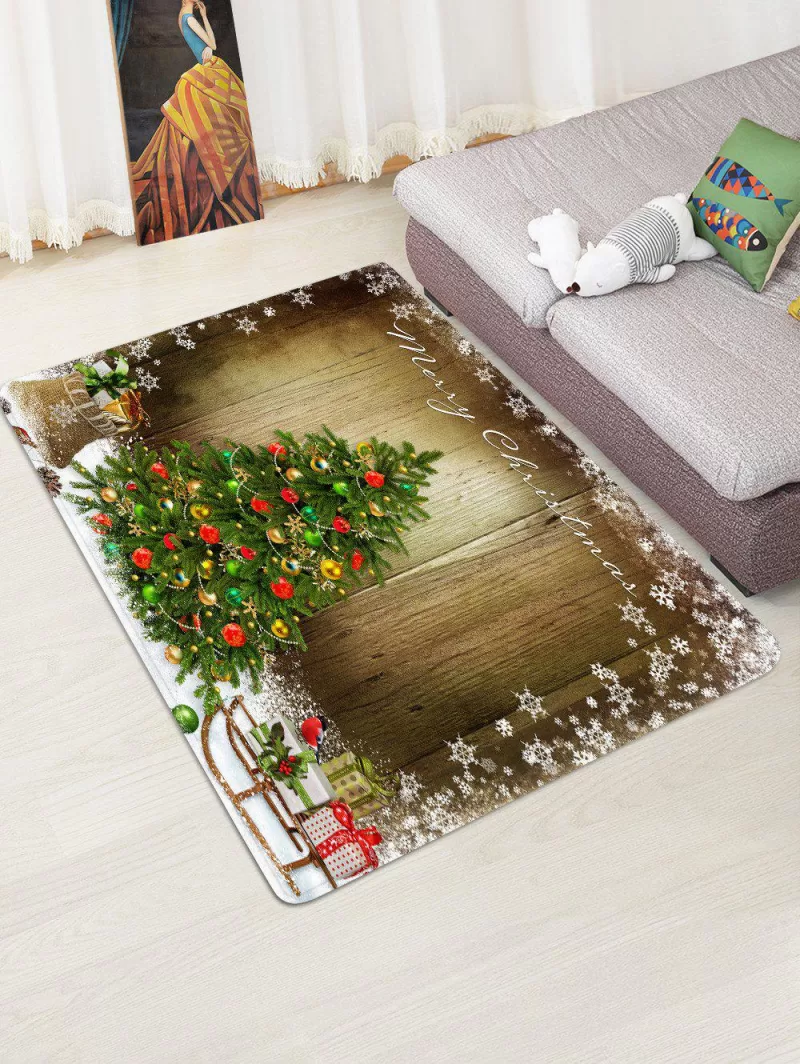 Merry Christmas Tree Wooden Pattern Floor Rug