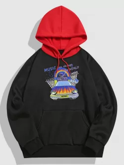 Music Car Graphic Fleece-lined Colorblock Hoodie