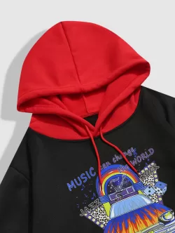 Music Car Graphic Fleece-lined Colorblock Hoodie