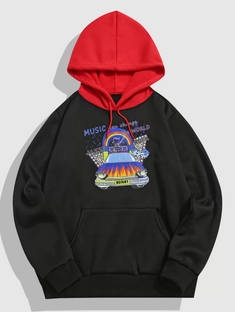 Music Car Graphic Fleece-lined Colorblock Hoodie