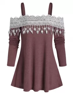 Open Shoulder Tassel Lace Insert Longline T Shirt