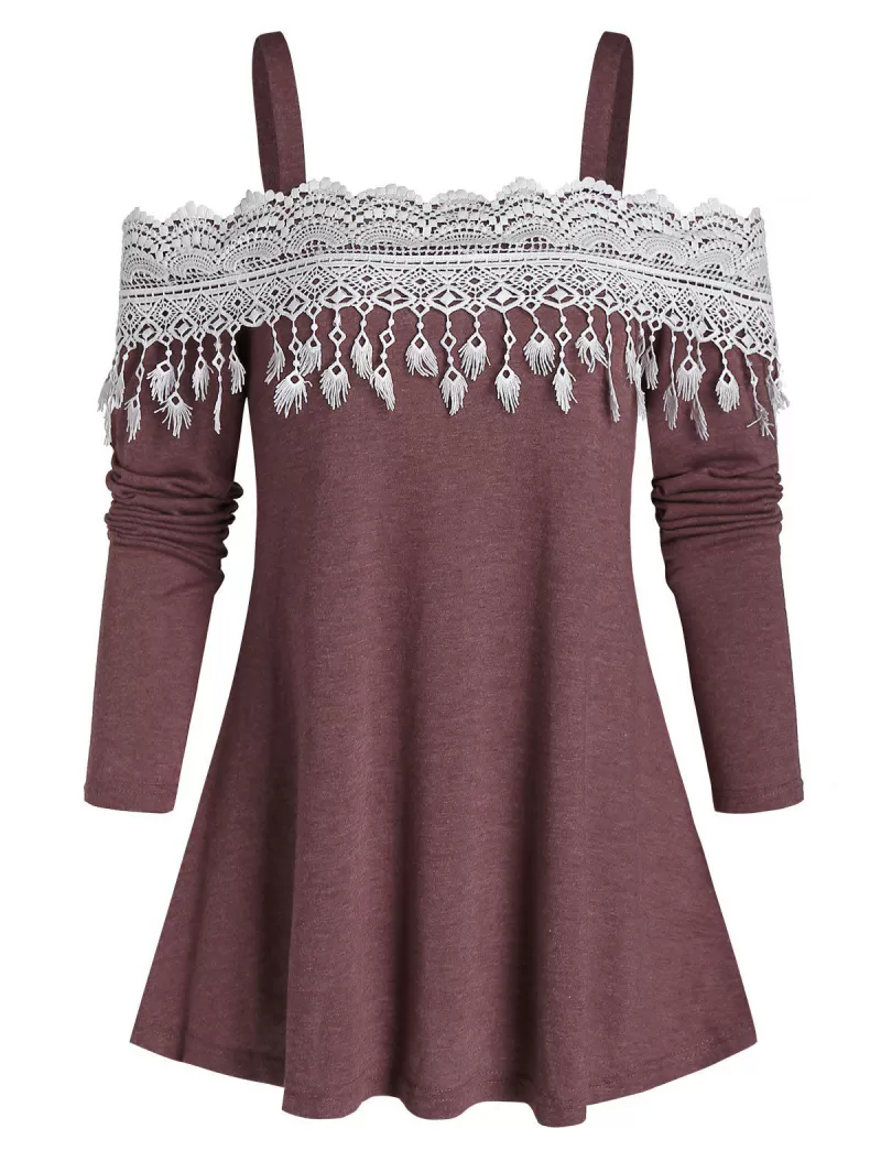 Open Shoulder Tassel Lace Insert Longline T Shirt
