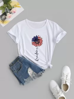 Patriotic American Flag Sunflower Print Short Sleeve T Shirt