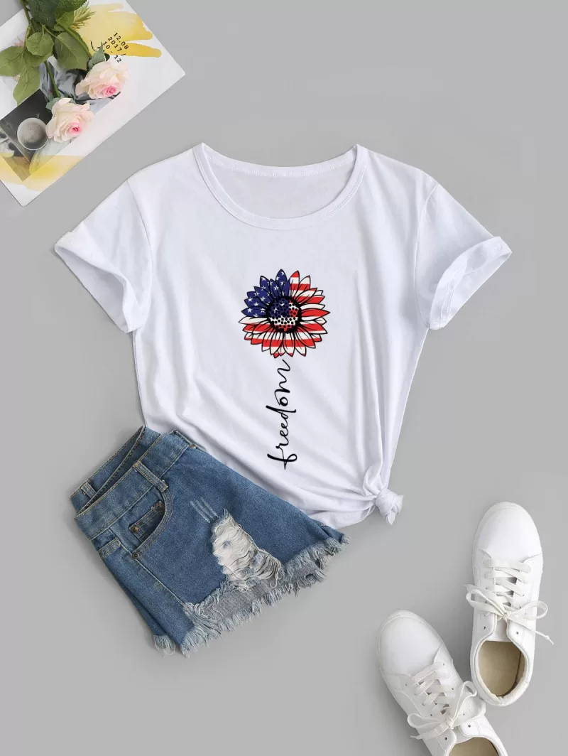 Patriotic American Flag Sunflower Print Short Sleeve T Shirt