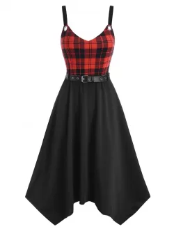 Plaid Belted Grommet Handkerchief Dress