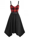Plaid Belted Grommet Handkerchief Dress