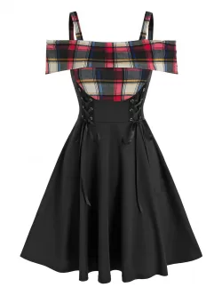 Plaid Cold Shoulder Lace Up Dress