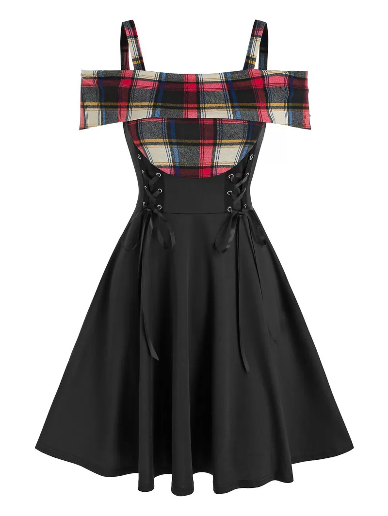 Plaid Cold Shoulder Lace Up Dress