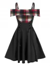 Plaid Cold Shoulder Lace Up Dress