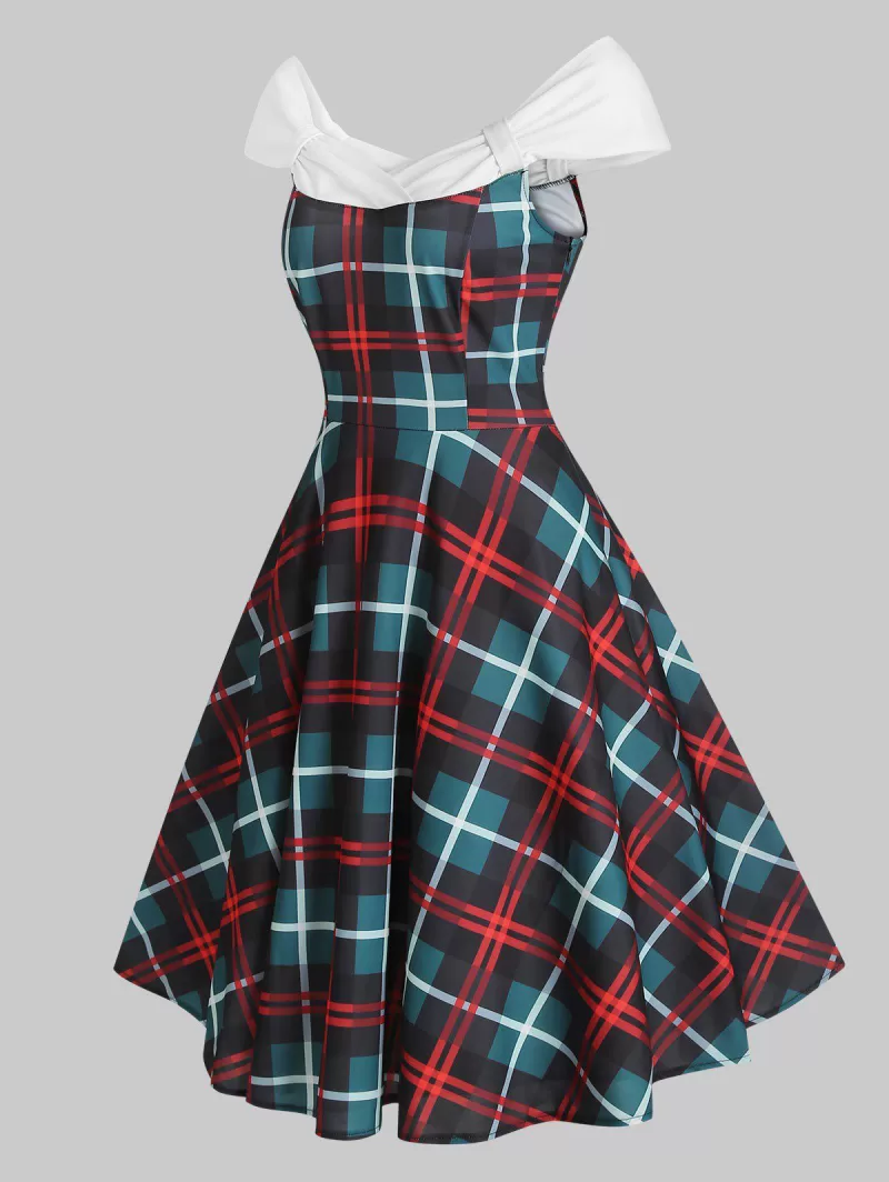 Plaid Off Shoulder Knotted Knee Length Dress