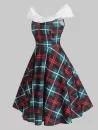 Plaid Off Shoulder Knotted Knee Length Dress
