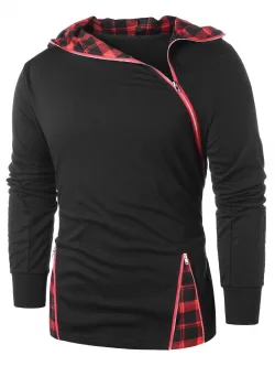 Plaid Panel Zip Embellished Hoodie