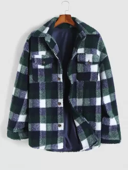 Plaid Pocket Button Up Teddy Fluffy Shirt Jacket