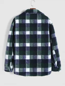 Plaid Pocket Button Up Teddy Fluffy Shirt Jacket