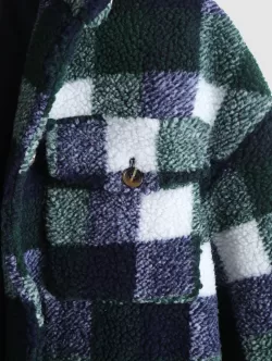 Plaid Pocket Button Up Teddy Fluffy Shirt Jacket