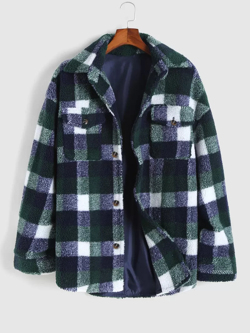 Plaid Pocket Button Up Teddy Fluffy Shirt Jacket