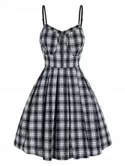 Plaid Print Spaghetti Strap Pleated Mini Dress