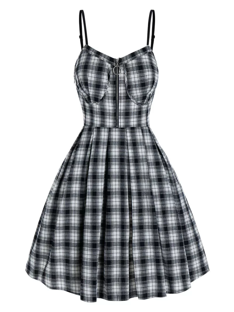 Plaid Print Spaghetti Strap Pleated Mini Dress